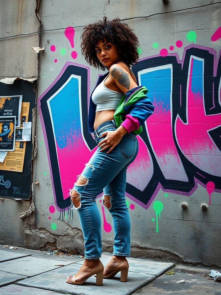 Graffiti Mural of a Strong Woman with Curly Hair