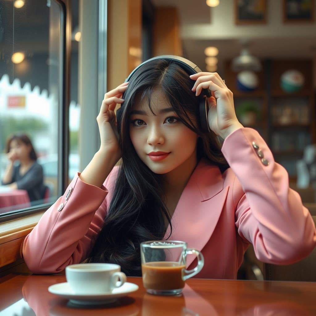 Japanese Idol in Cozy Cafe: Hyperrealistic Film Still