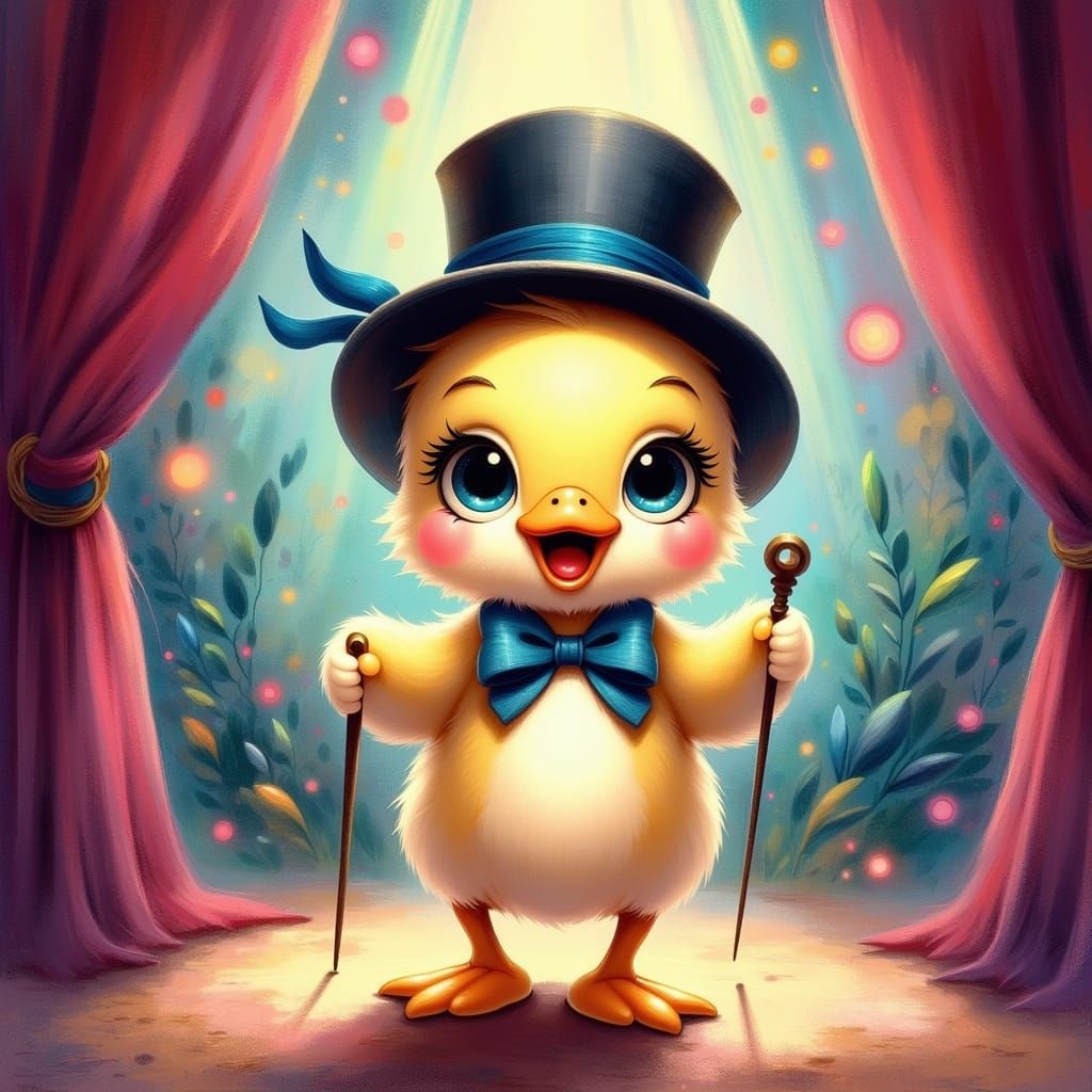 A cute chibi  happy duckling as the star of a hollywood musical