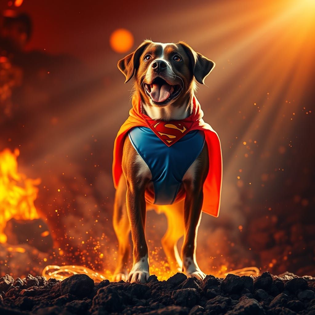 Epic Fantasy Scene of Superman Dog Amidst Blazing Inferno