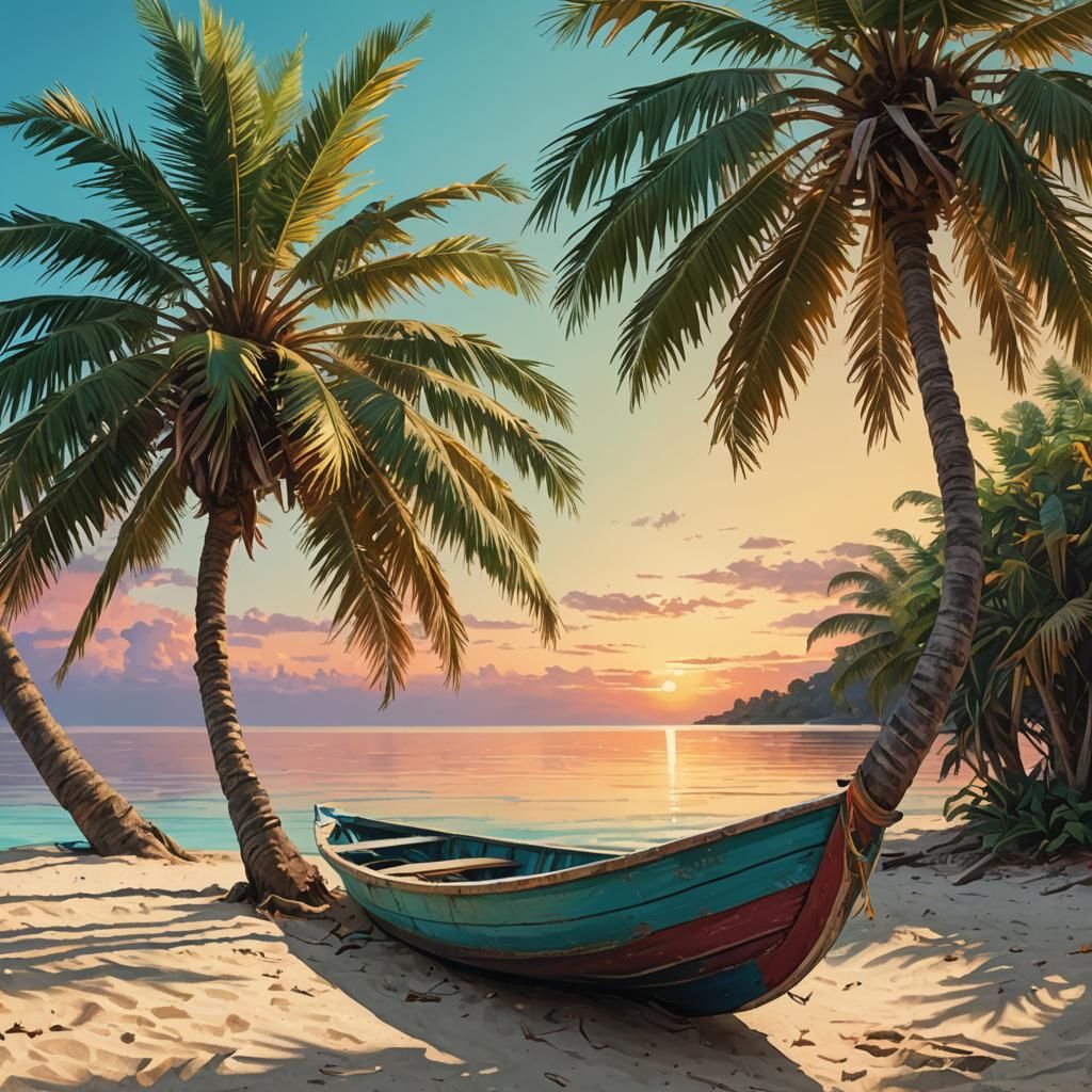 Idyllic Tropical Beach Sunset in Vivid Digital Art