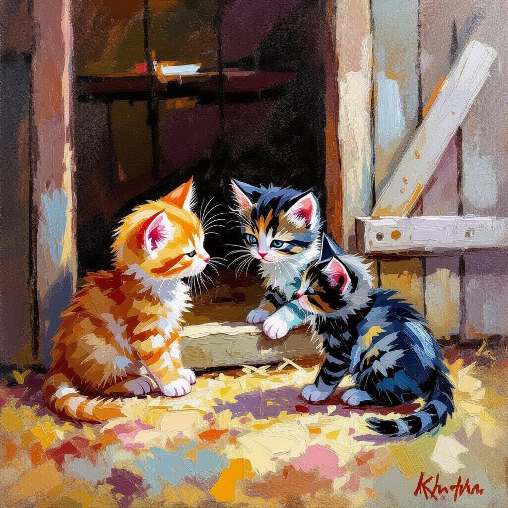 Kittens Playing: An Expressionist Oil Painting