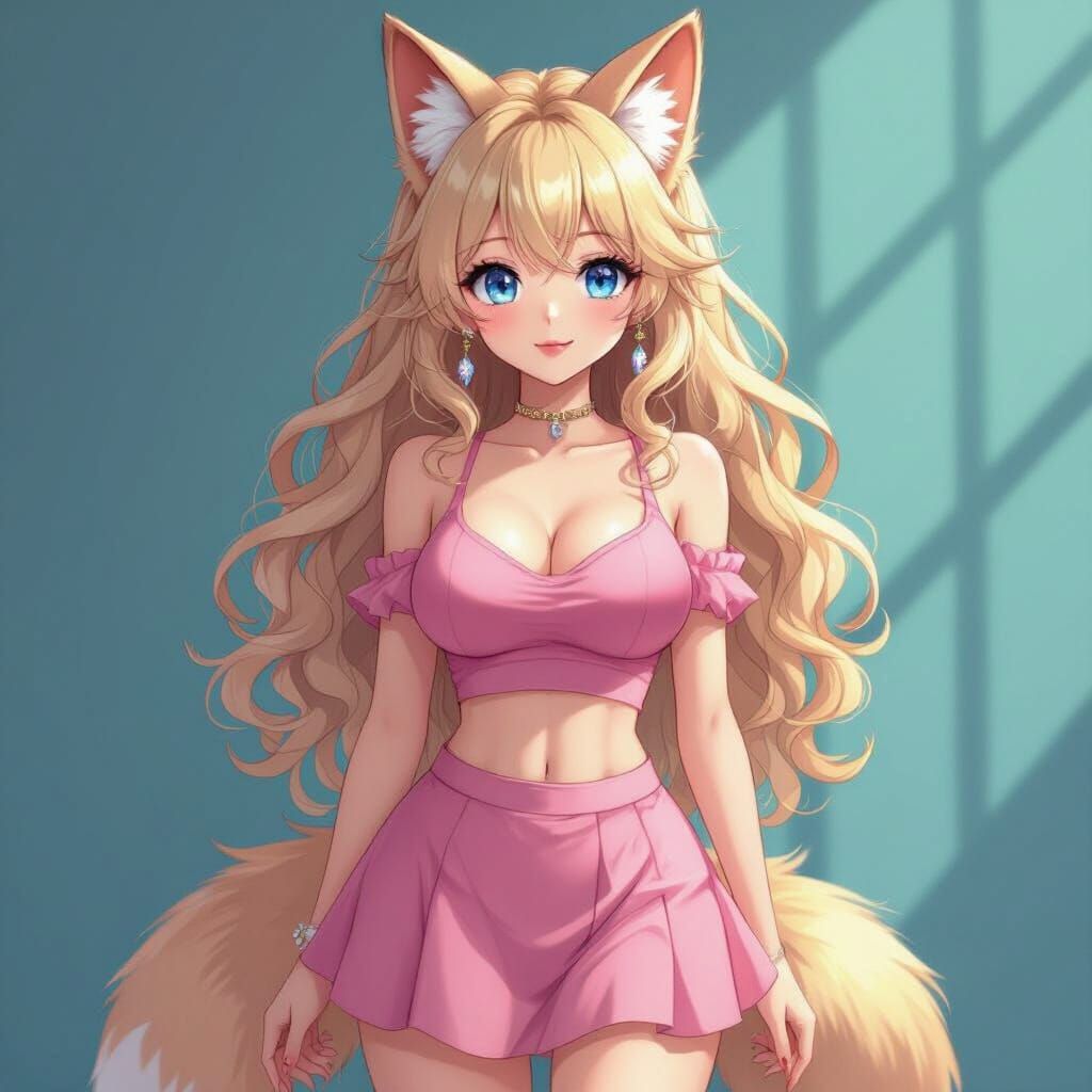 Anime Woman with Fox Ears and Pink Outfit
