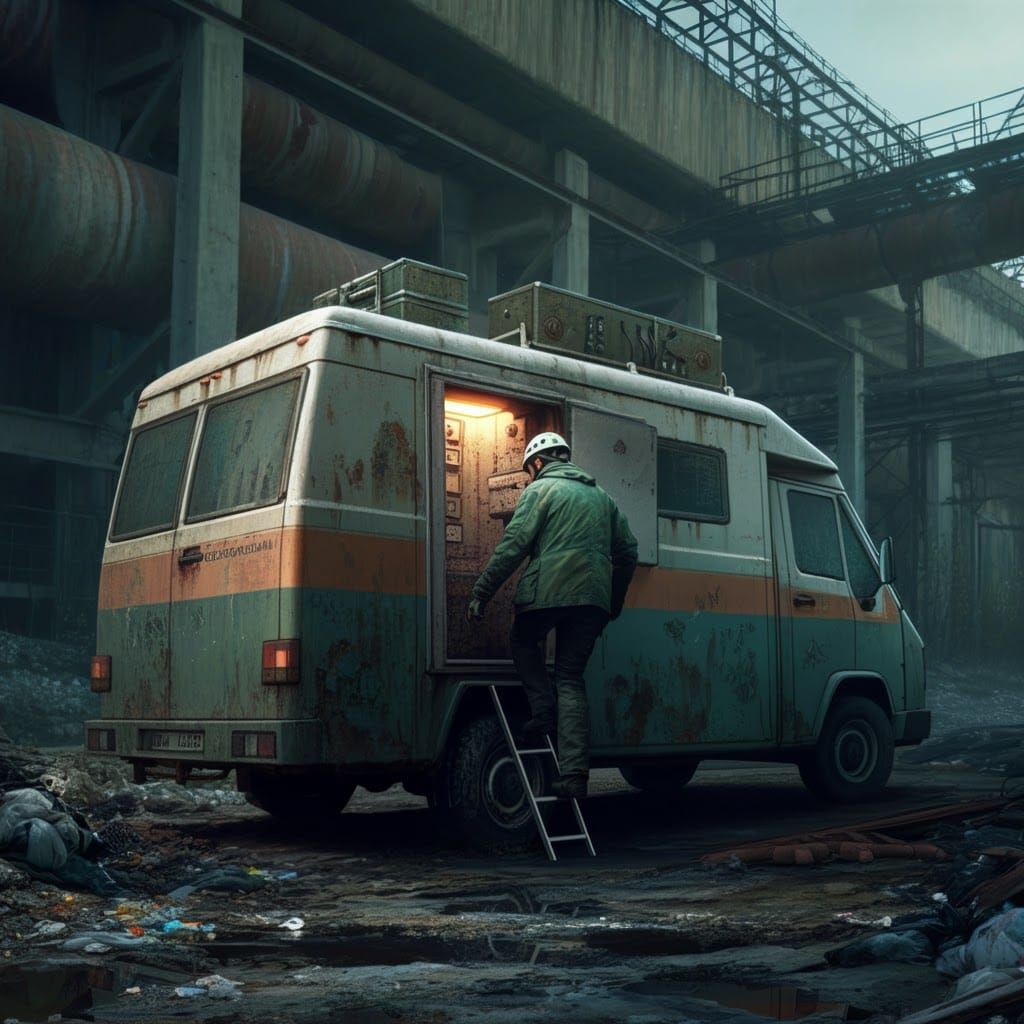 Geologist in Abandoned Industrial Landscape: Hyper-Realistic...