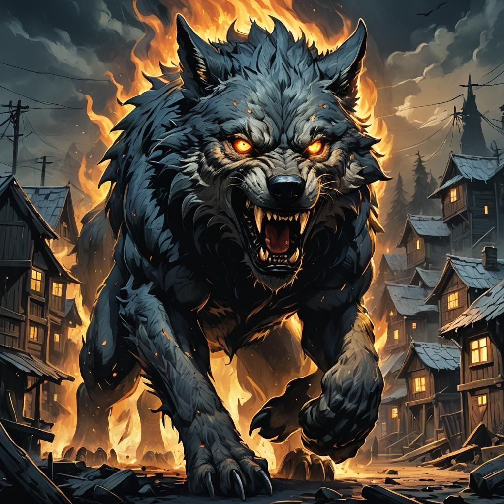 Ferocious Wolf Monster Attacks Burning Village