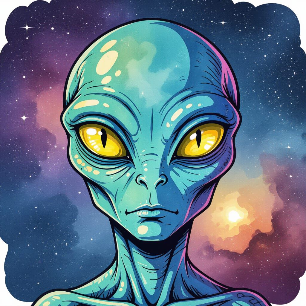 Alien Close-Up in Watercolor and Ink Style