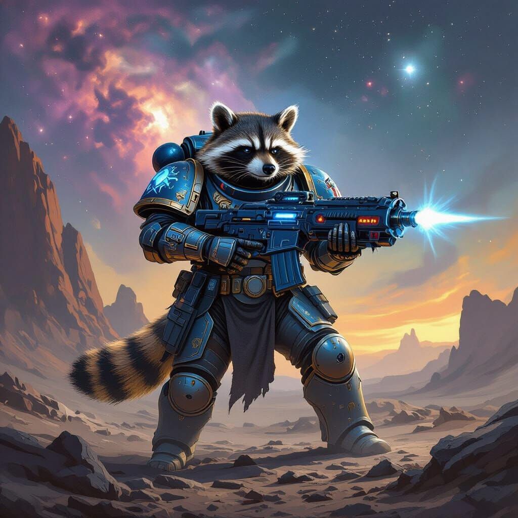 Raccoon Space Marine Warrior on Alien Planet