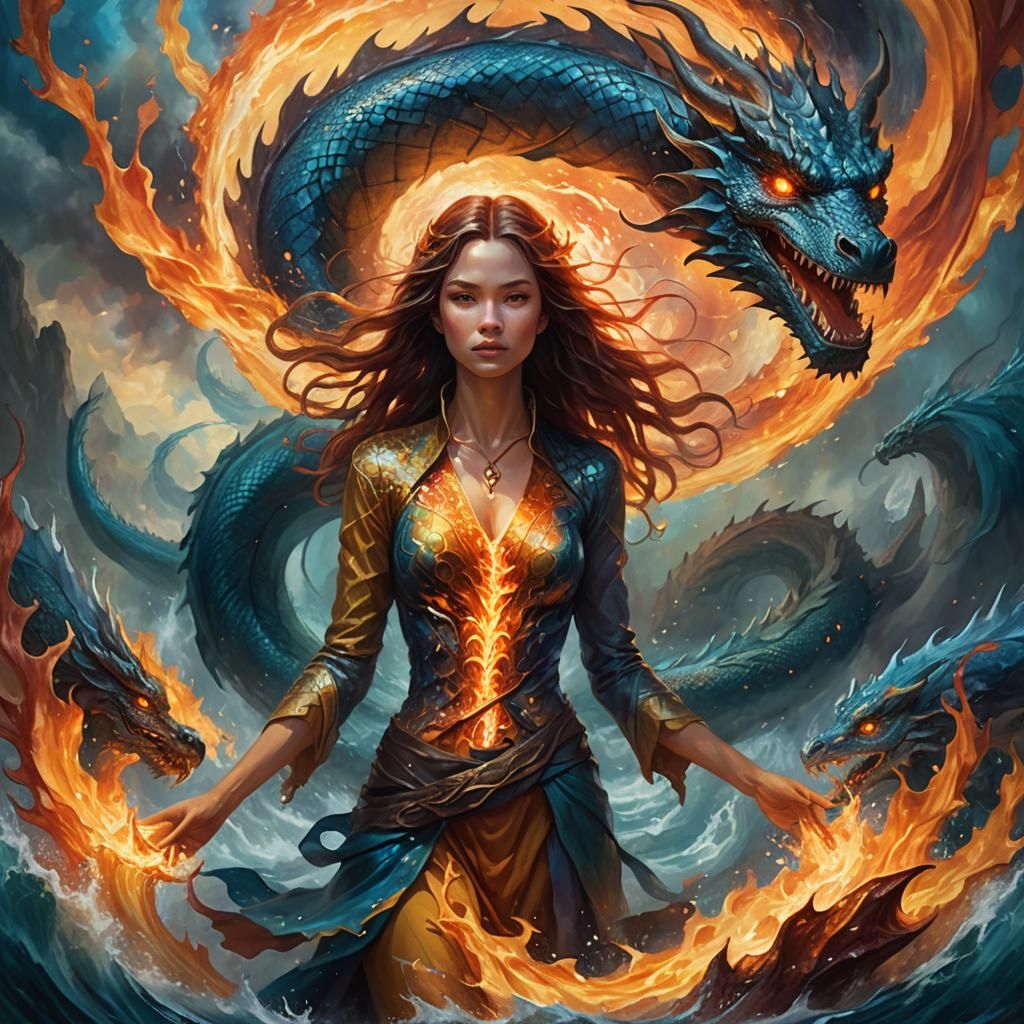 Dragon's Embrace: Woman in Fire and Water