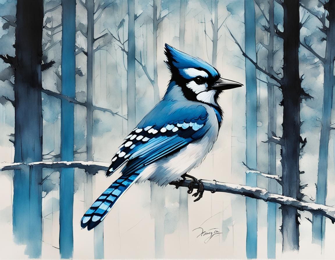 Bluejay in Manga Style Ink Painting