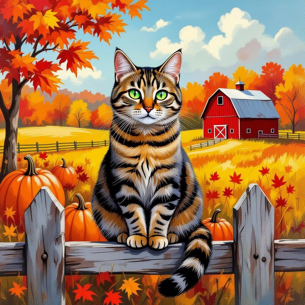 Fashionable Tabby Cat on Autumn Fence in Gouache Style