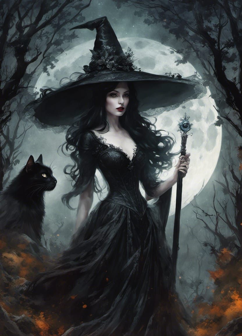 Gothic Witch in Moonlit Spirit Forest