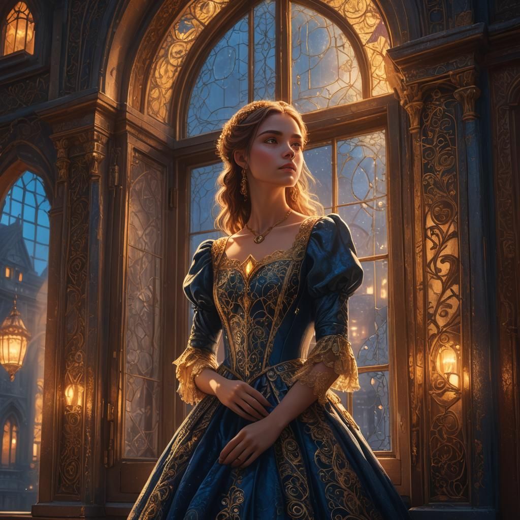 Mystical Girl Gazing from Ornate Window