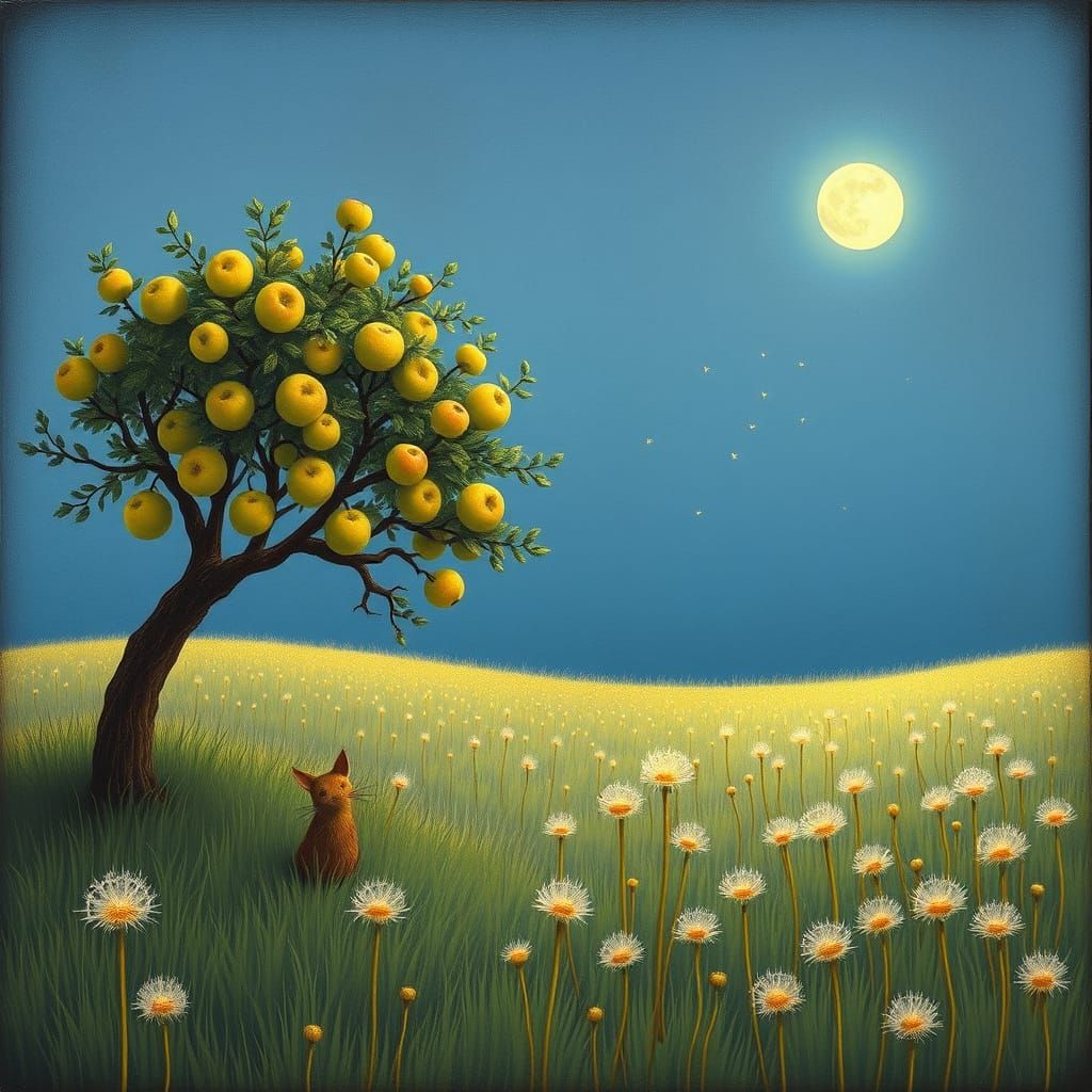 Whimsical Apple Tree in Surreal Pastel Blue Field