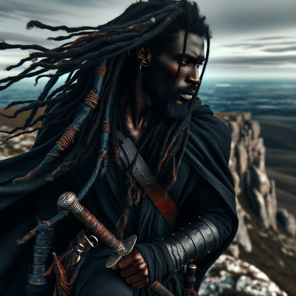 Powerful African Warrior on a Cliff