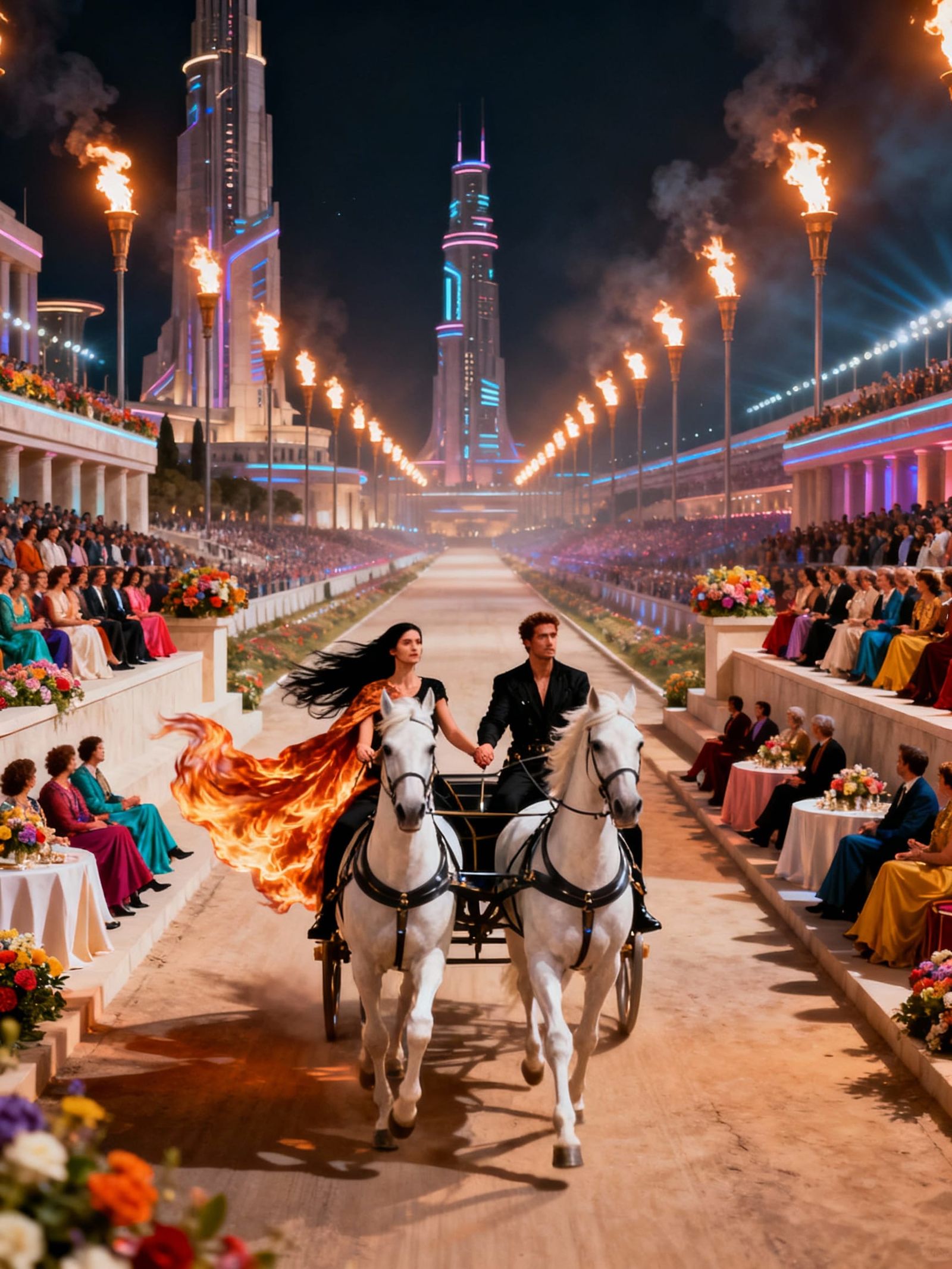 Retrofuturistic Celebration Arena with Torches and Quadriga