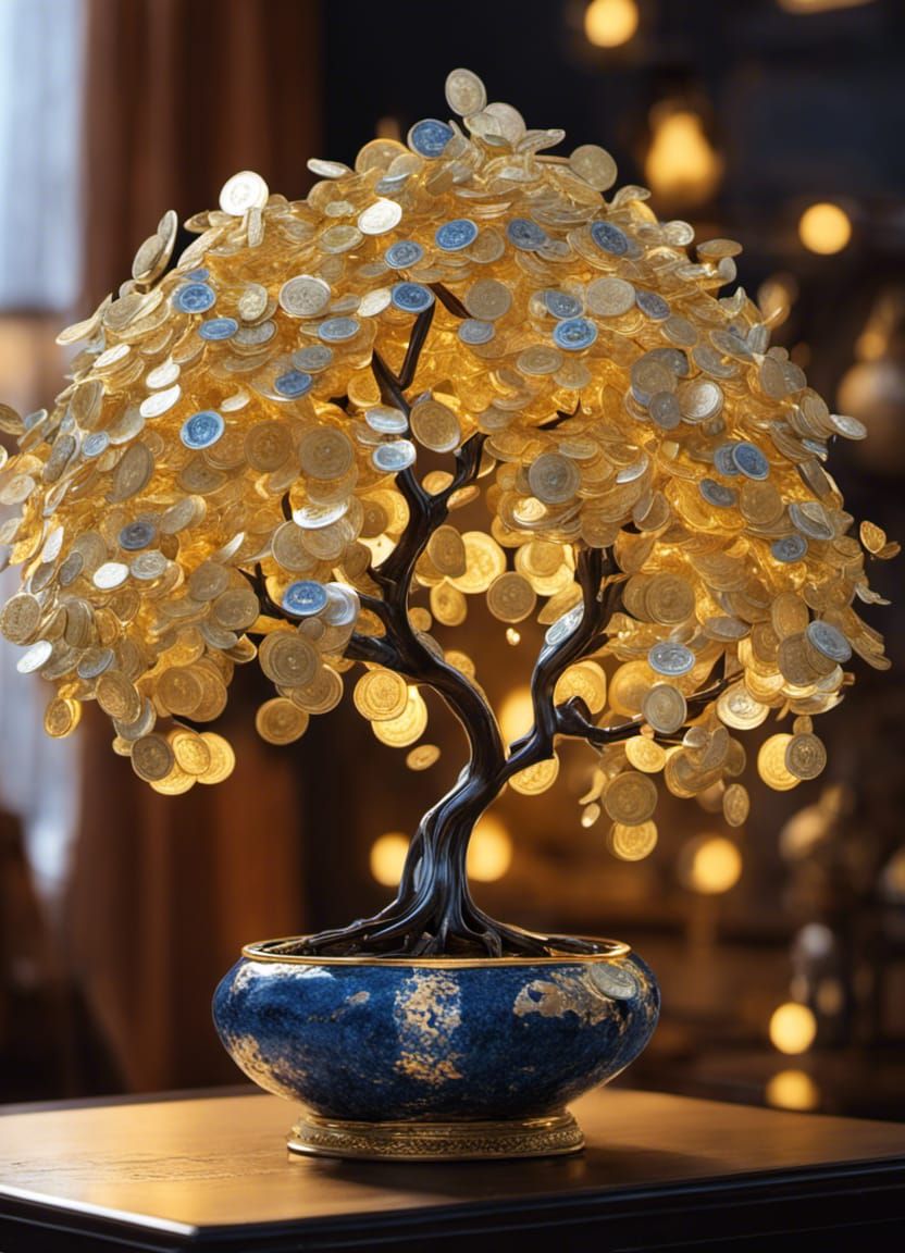 Money Tree with Gold Coins, Macro Photography