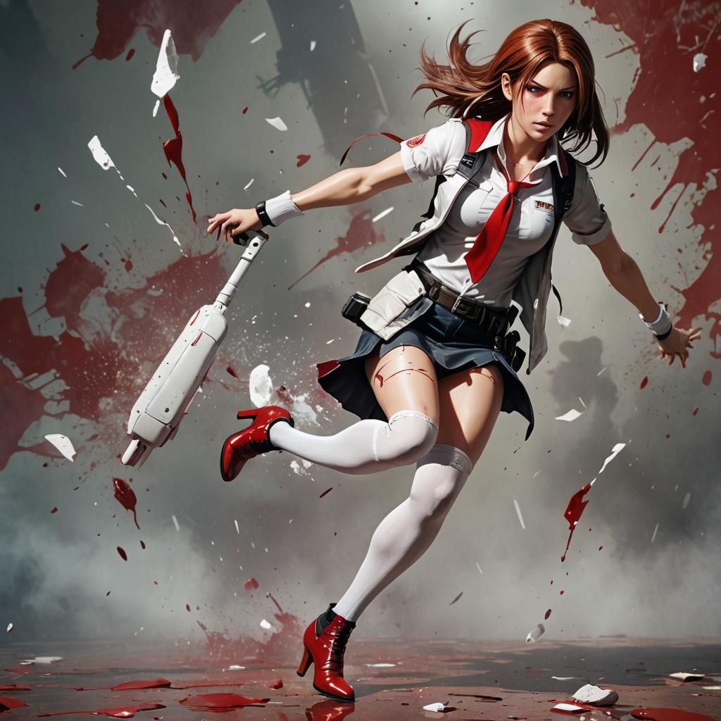 Claire Redfield in miniskirt, white stockings and red high h...