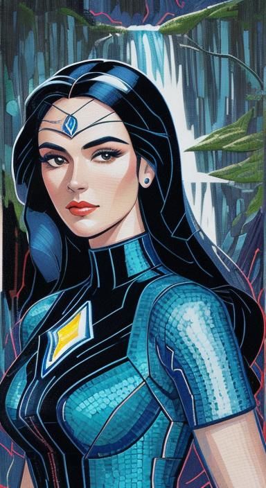 Elegant Lady in Art Deco Mosaic, Against a Bioluminescent Mo...