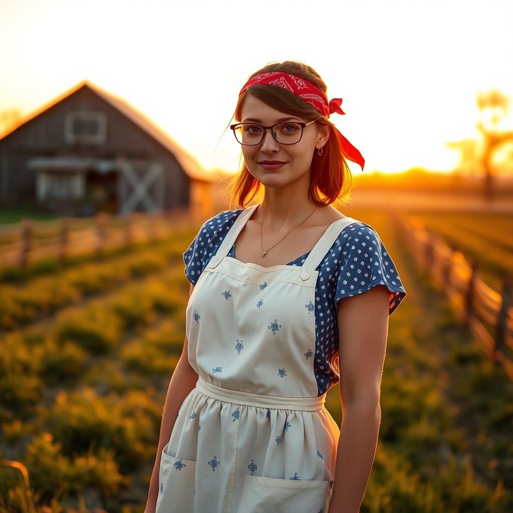 Indiana Farm Woman at Sunrise in Nostalgic Realism