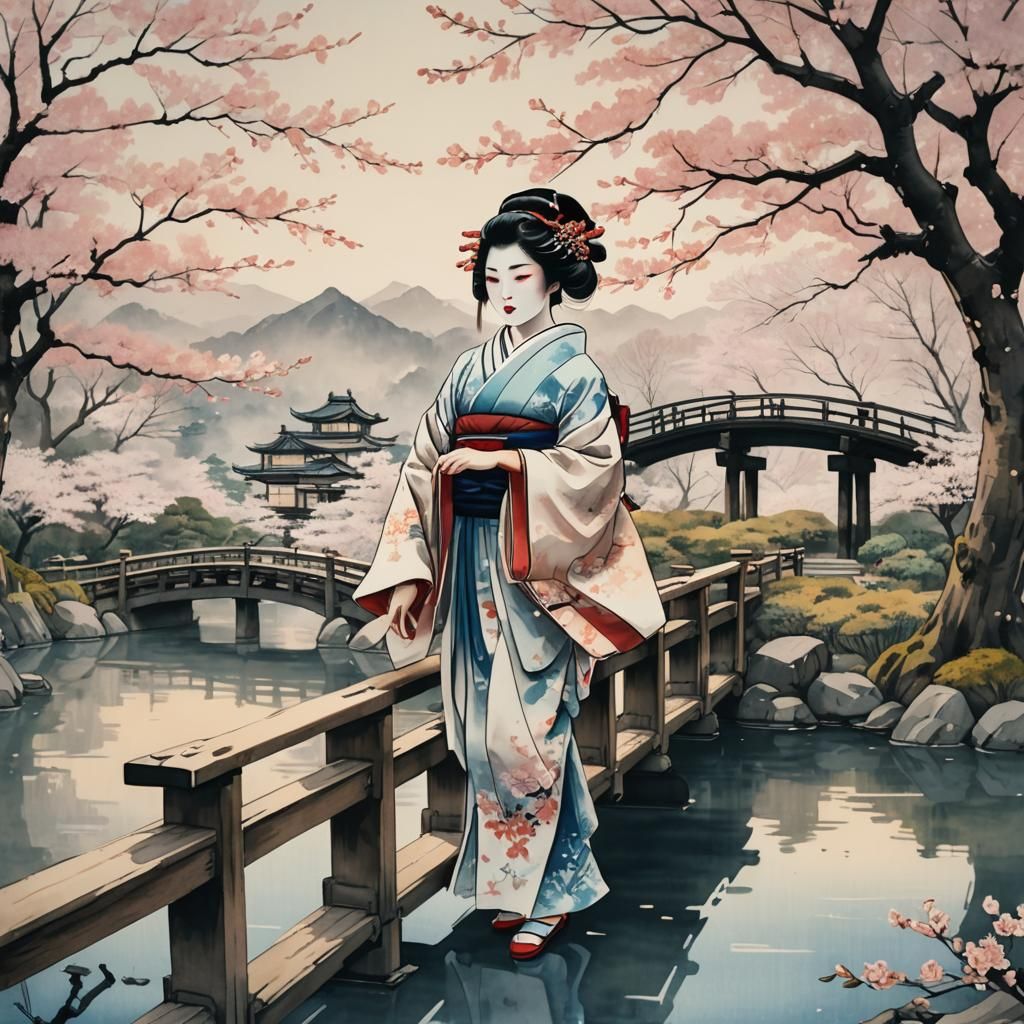 Geisha on Bridge in Ukiyo-e Style with Cherry Blossoms