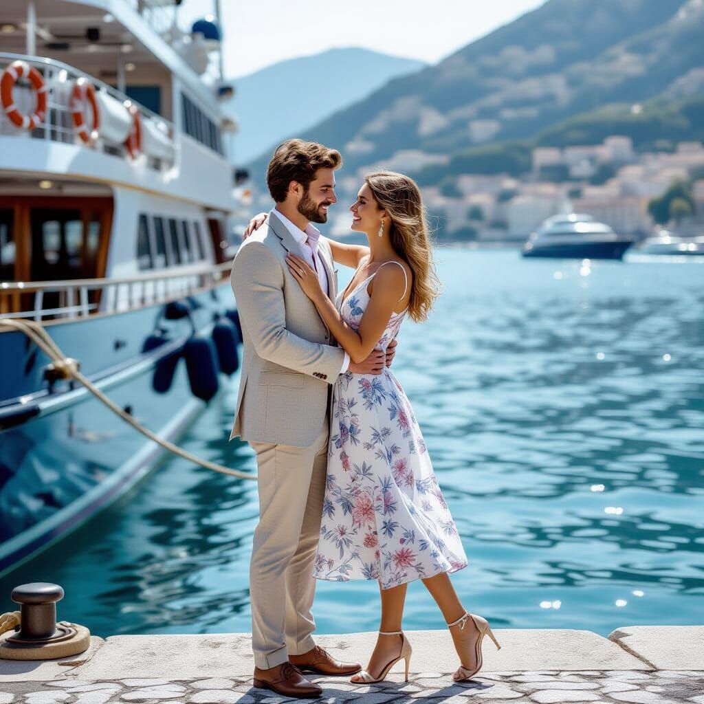 Elegant Couple Embracing on Sunny Port, Photorealistic Style
