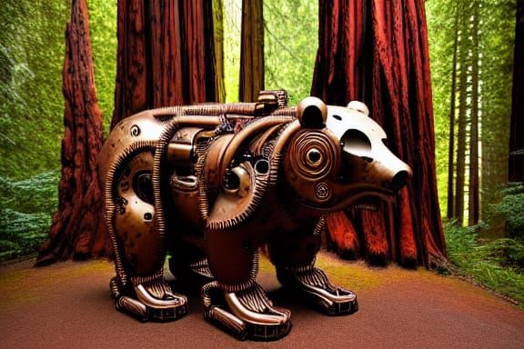 Steampunk Biomechanical Bear in Redwood Forest
