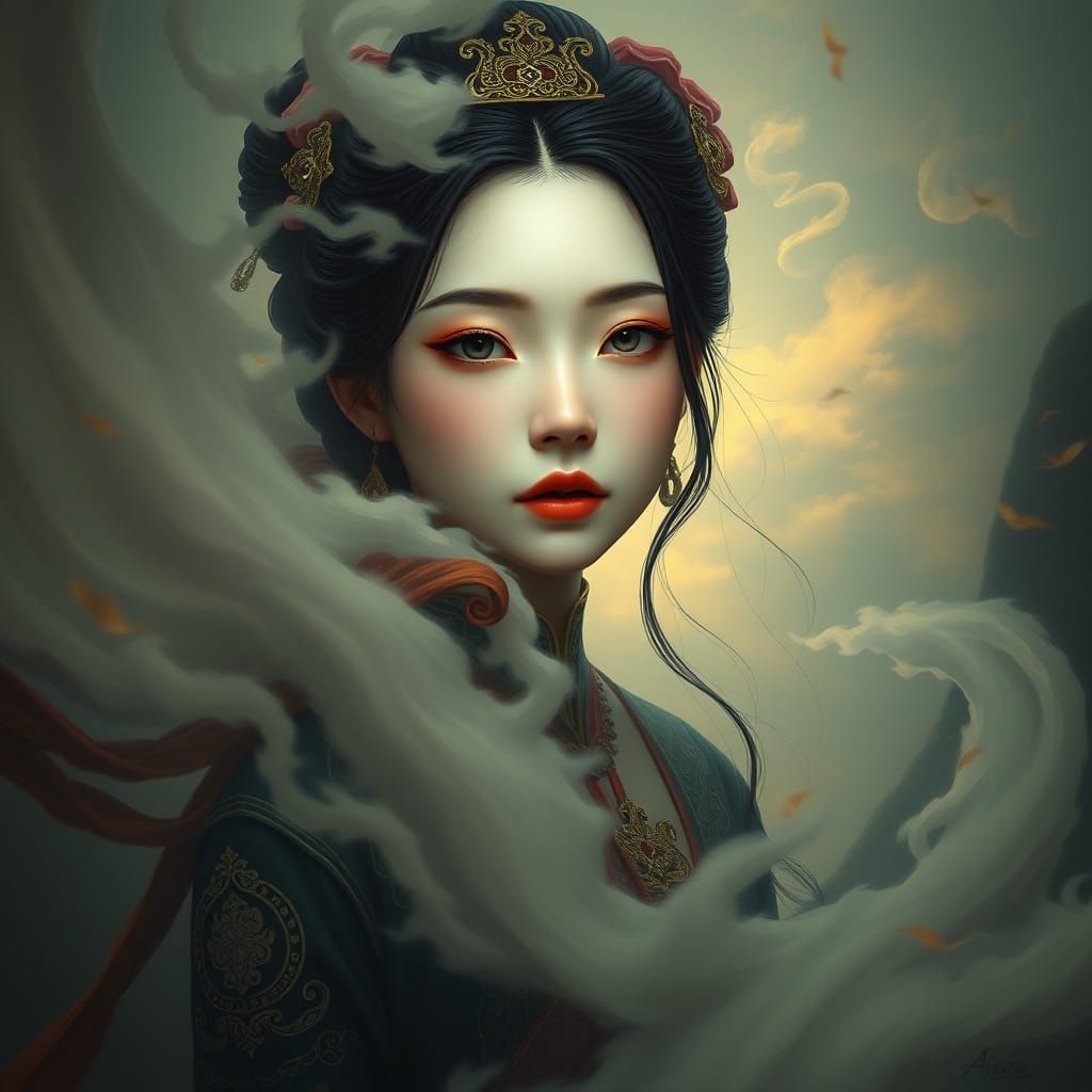 Ethereal Asian Goddess in Mystical Dreamscape