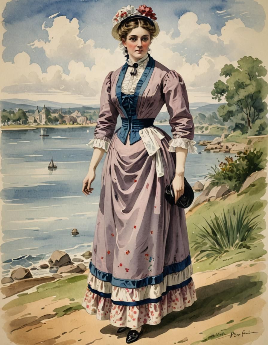 A woman wearing a fashionable
bathing costume, circa 1870