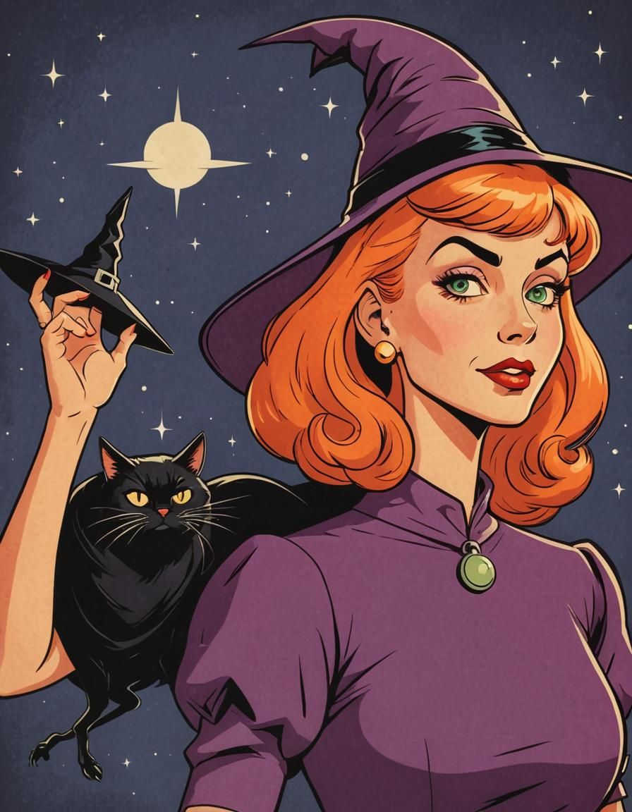 Retro Cartoon Witch Girl Illustration