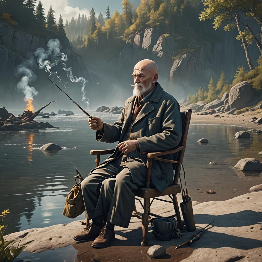 Happy Old Man Fishing: Detailed Matte Painting