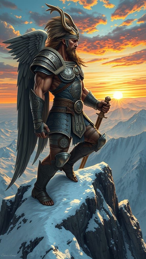 Valkyrie Warrior on Mountain Peak in Hyperrealism