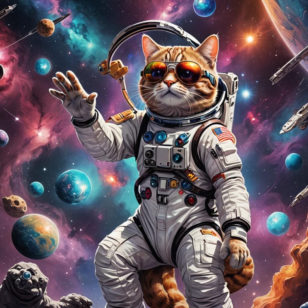 Astronaut Cat High-Five in Holographic Cosmic Art