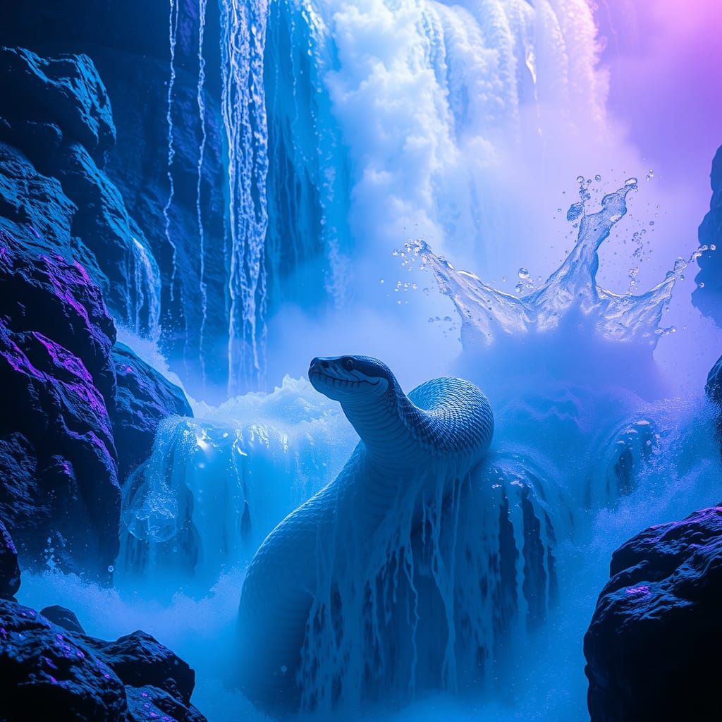 Python Emerges from Waterfall in Vaporwave Style
