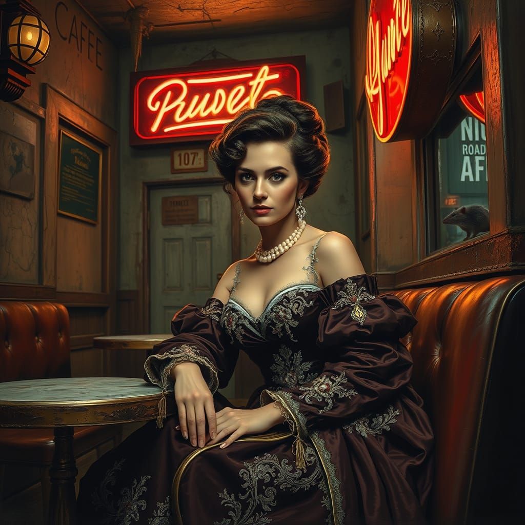 A striking scene of a very posh, aristocratic woman seated gracefully at a battered table inside a filthy, gritty roadsi...