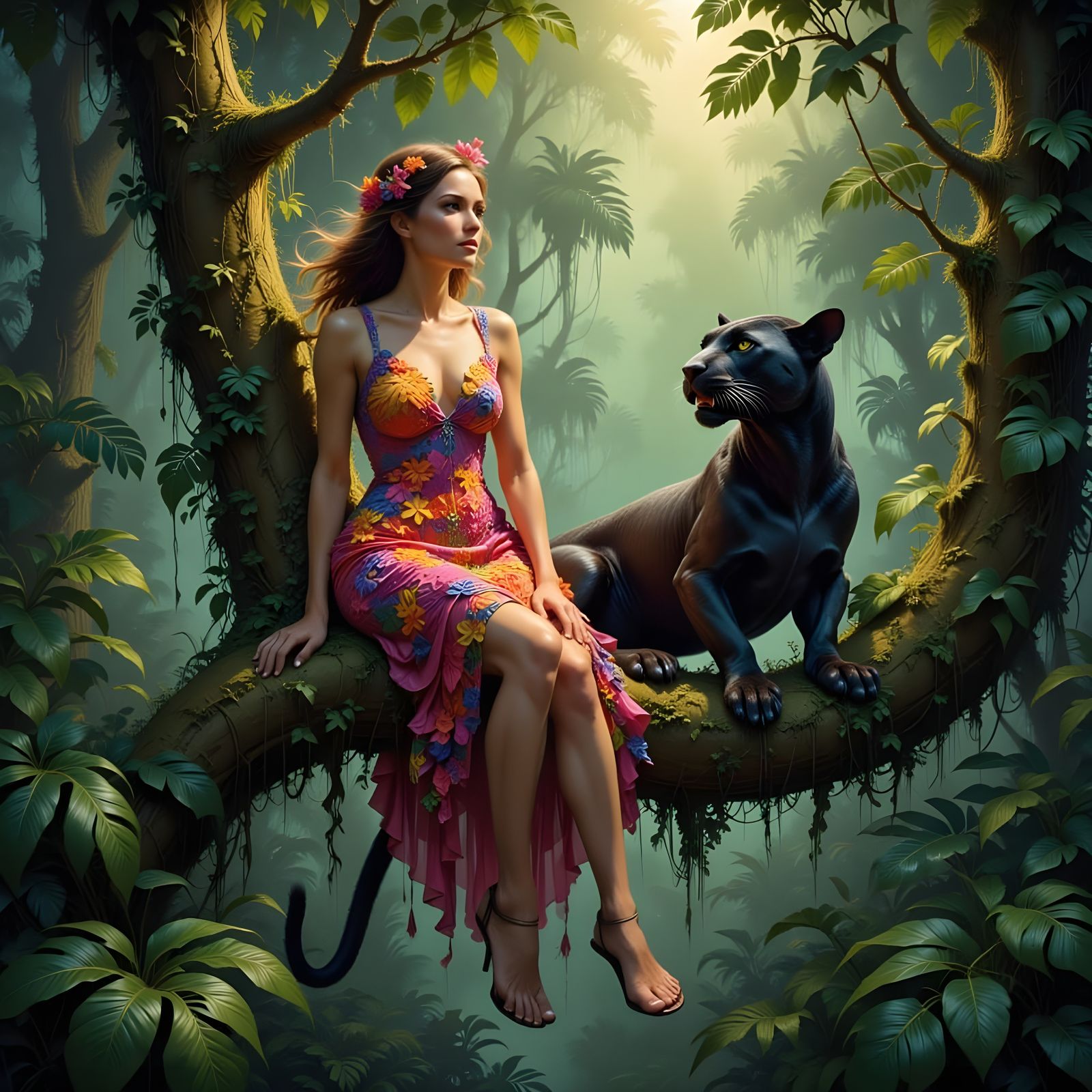 Jungle Jane in Tree with Panther, Flower Dress