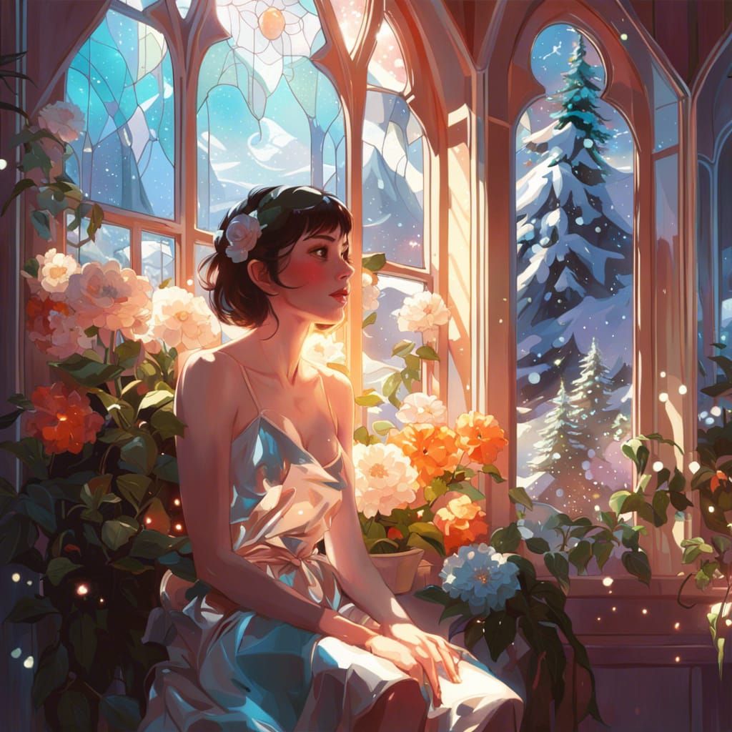 Glowing Crystalline Window to Snowy Mountain View