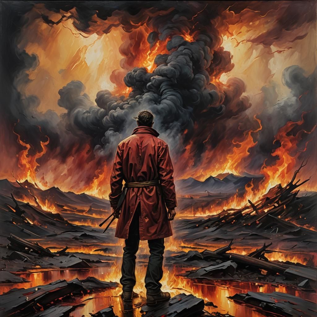 Lone Figure Amidst Burning Landscape, Oil Painting