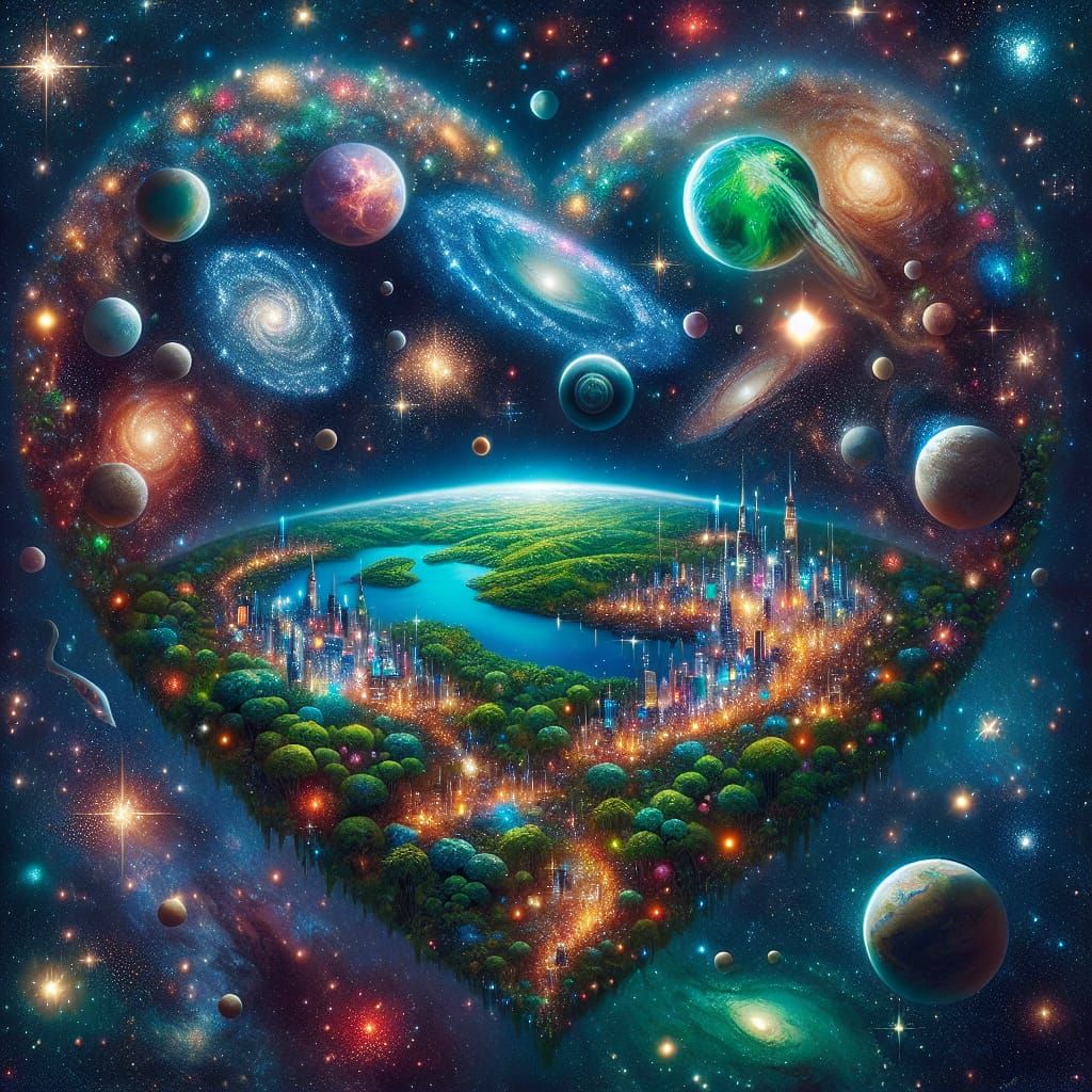 Heart-Shaped Universe with Glowing Cities