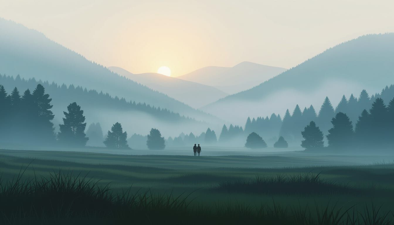 Ethereal Landscape: Silhouettes in Dreamy Mist