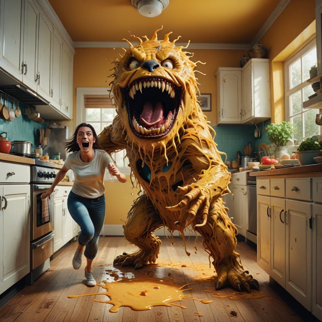 Cheese Monster Chases Woman: Hyperrealistic Concept Art