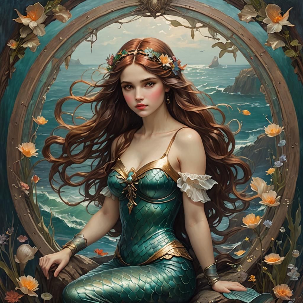 Beautiful mermaid in the style of John William Waterhouse
