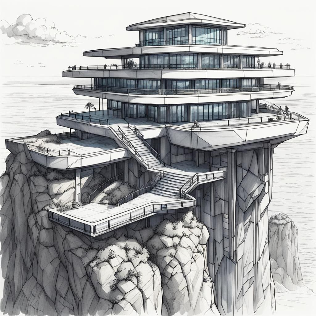Sci-Fi Fantasy Architecture Overlooking Ocean: Digital Sketc...