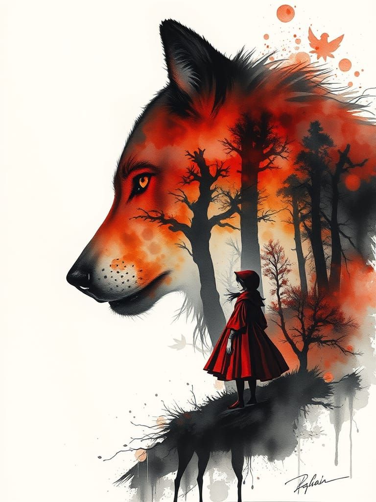 Surreal Double Exposure of a Wolf and Little Red Riding Hood...
