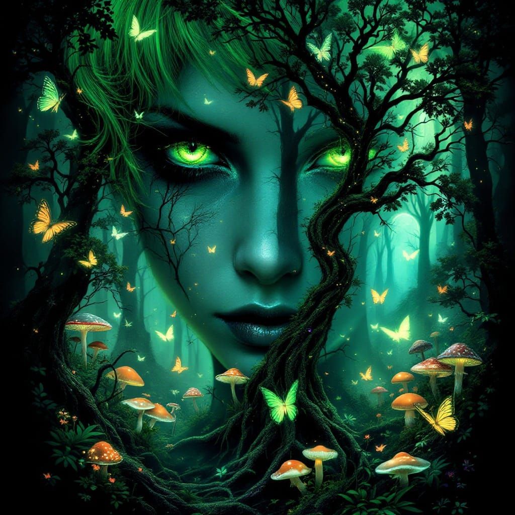 Gothic Fairy Transforms into Ancient Forest in Double Exposu...