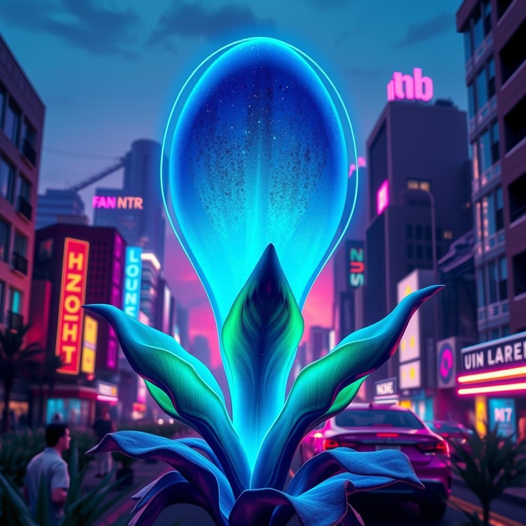 Bioluminescent Alien Plant in Synthwave Cityscape