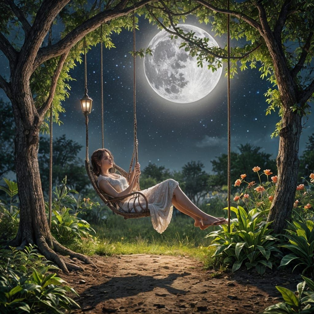 Ethereal Woman in a Dreamlike Garden Scene under a Glowing M...