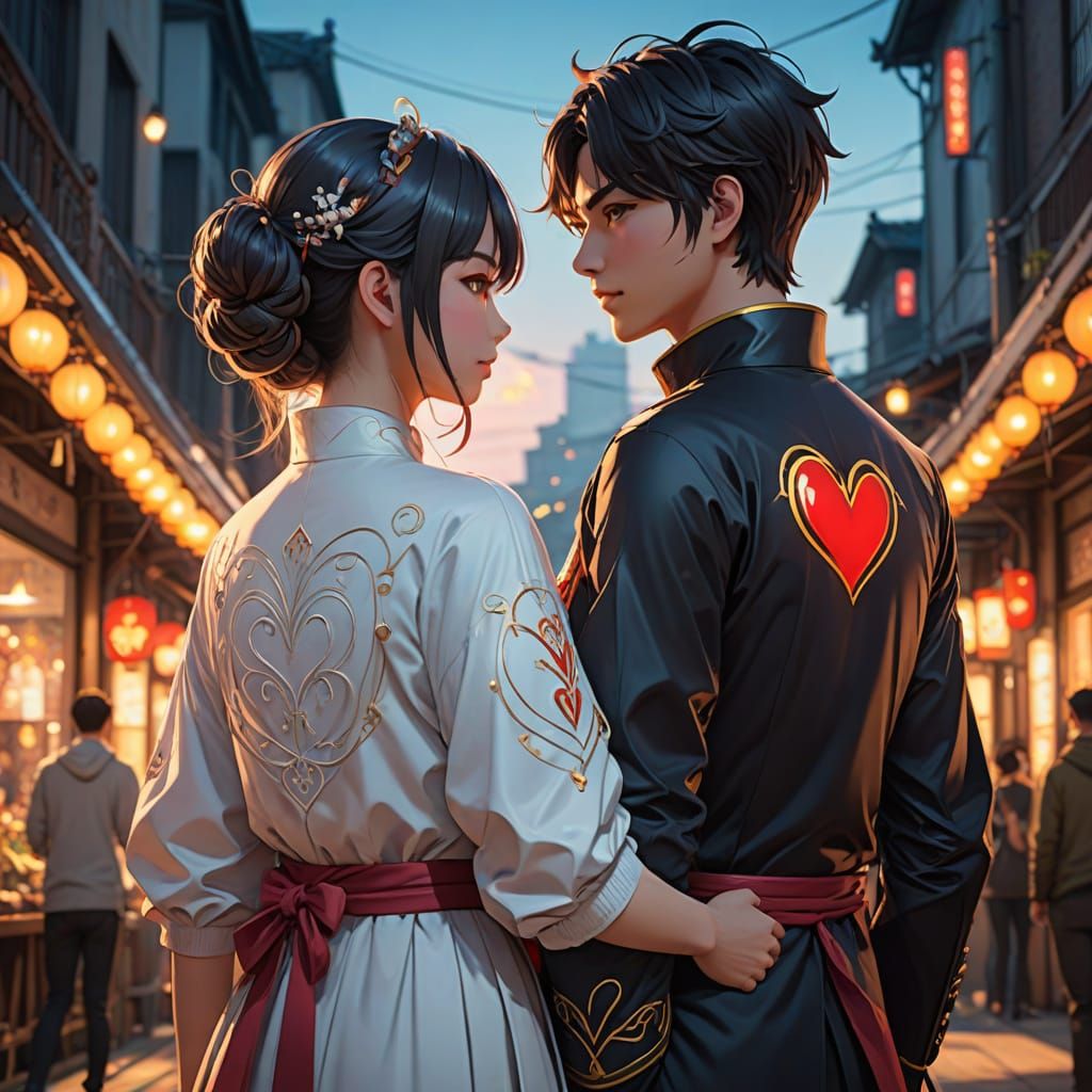 Anime-Inspired Back Shot of Couple with Glowing Heart String