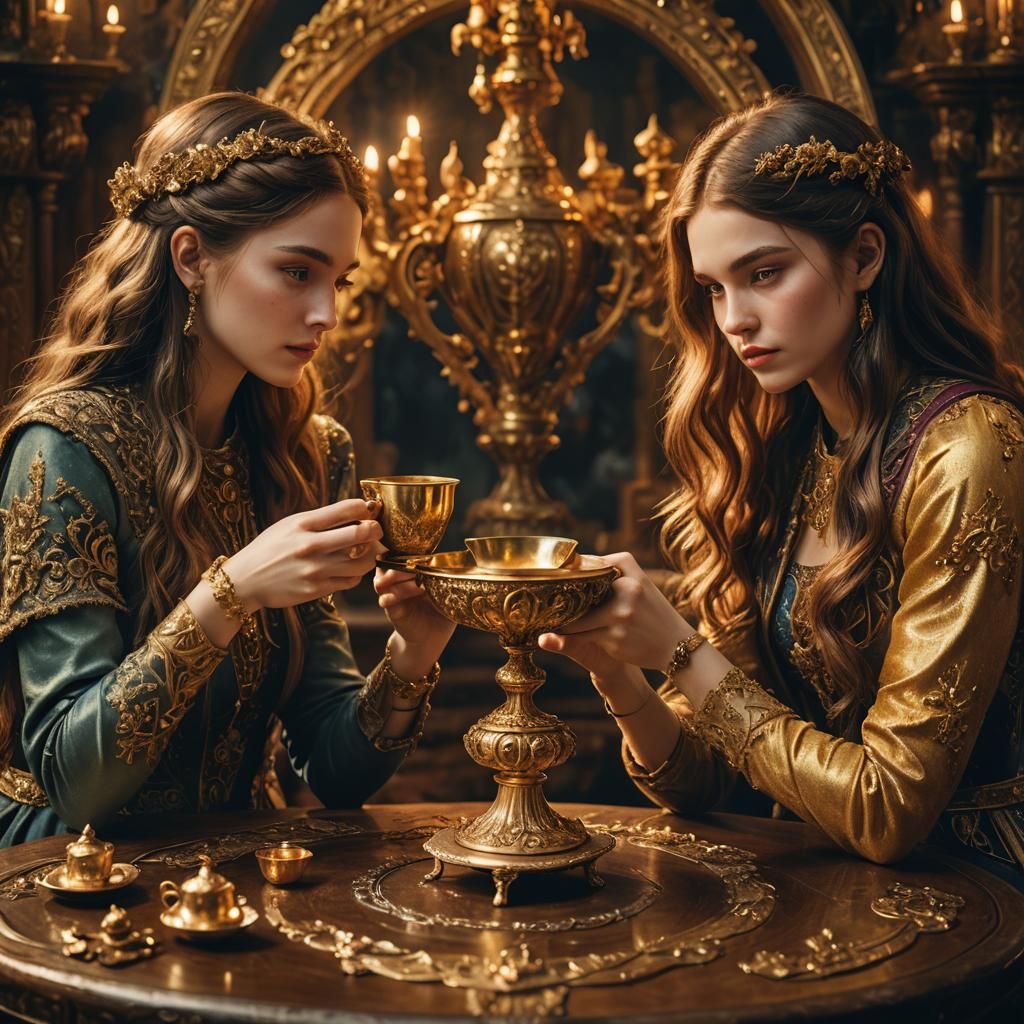 Girls at Ornate Table with Golden Cup