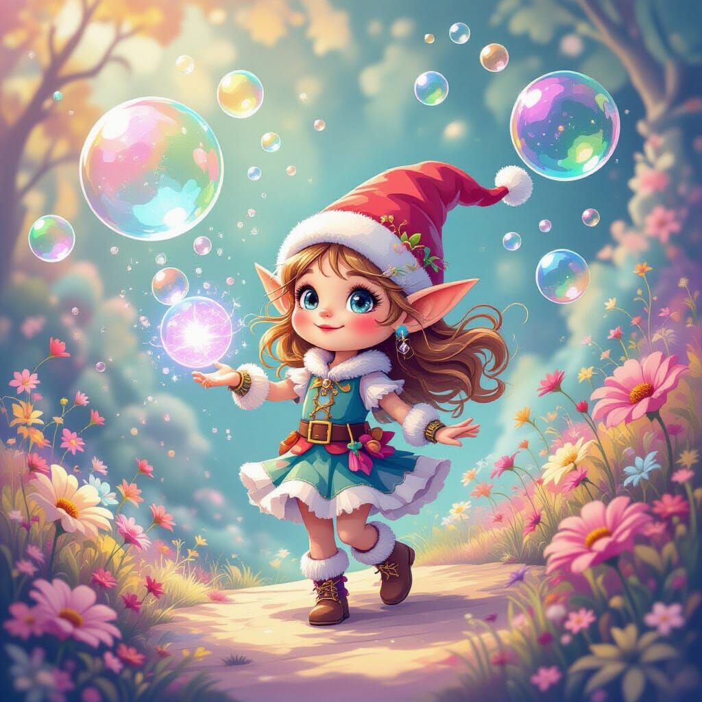 Whimsical Elf in Fairytale Scene with Pastel Bubbles