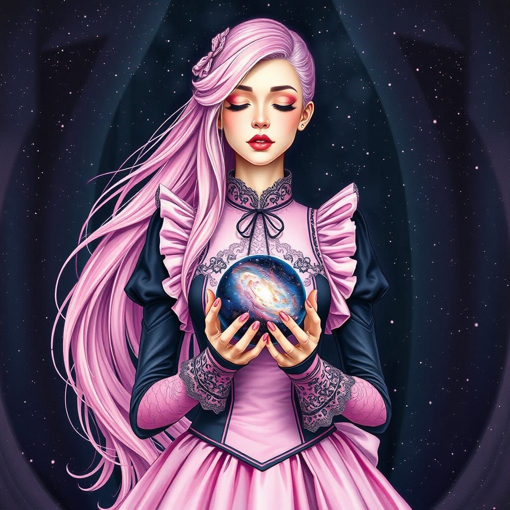Ethereal Maid Goddess Cradles Galaxy in Lavish Futuristic At...
